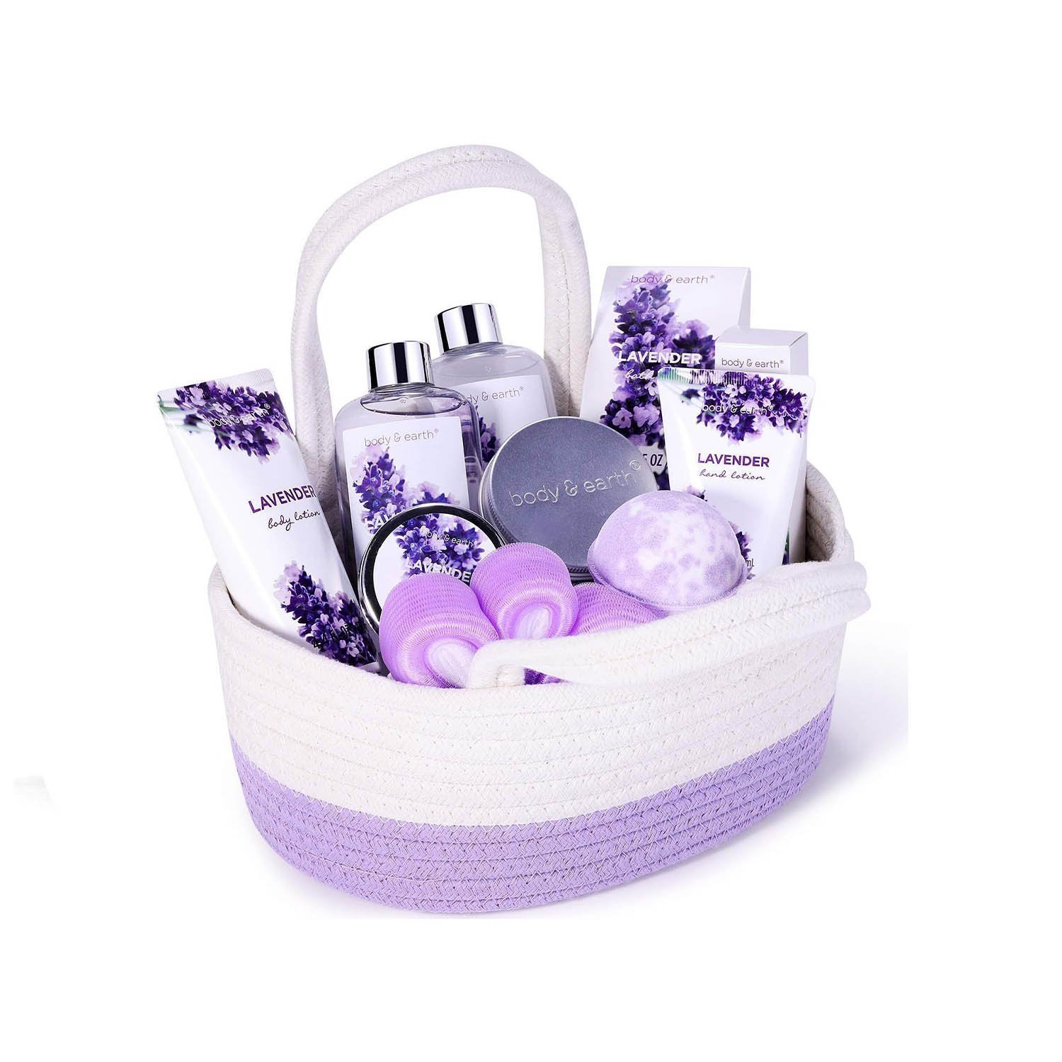 BODY & EARTH Spa Gift Set for Women - Gift Basket 11 Pcs Lavender Bath Set for Women