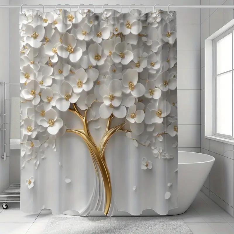 Artistic Floral Bath Draperies with 12 Hooks - Woven Polyester Waterproof Bath Drape, Machine Washable, White Flowers and Landscapes Theme for Bathroom Decor by suige home