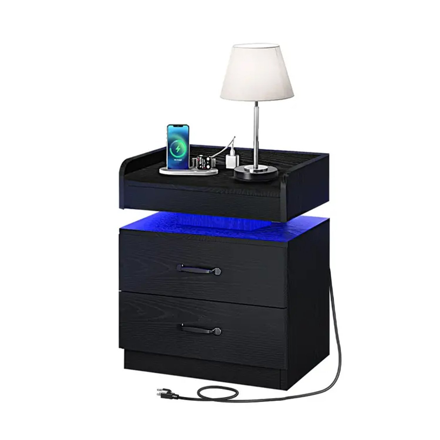 Black Nightstand with Charging Station, Night Stand with LED Lights