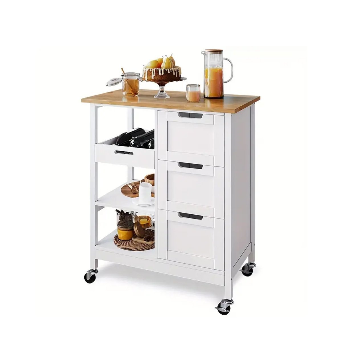 Phabules Rolling Kitchen Island Cart with Countertop and Drawer, 3 Tier