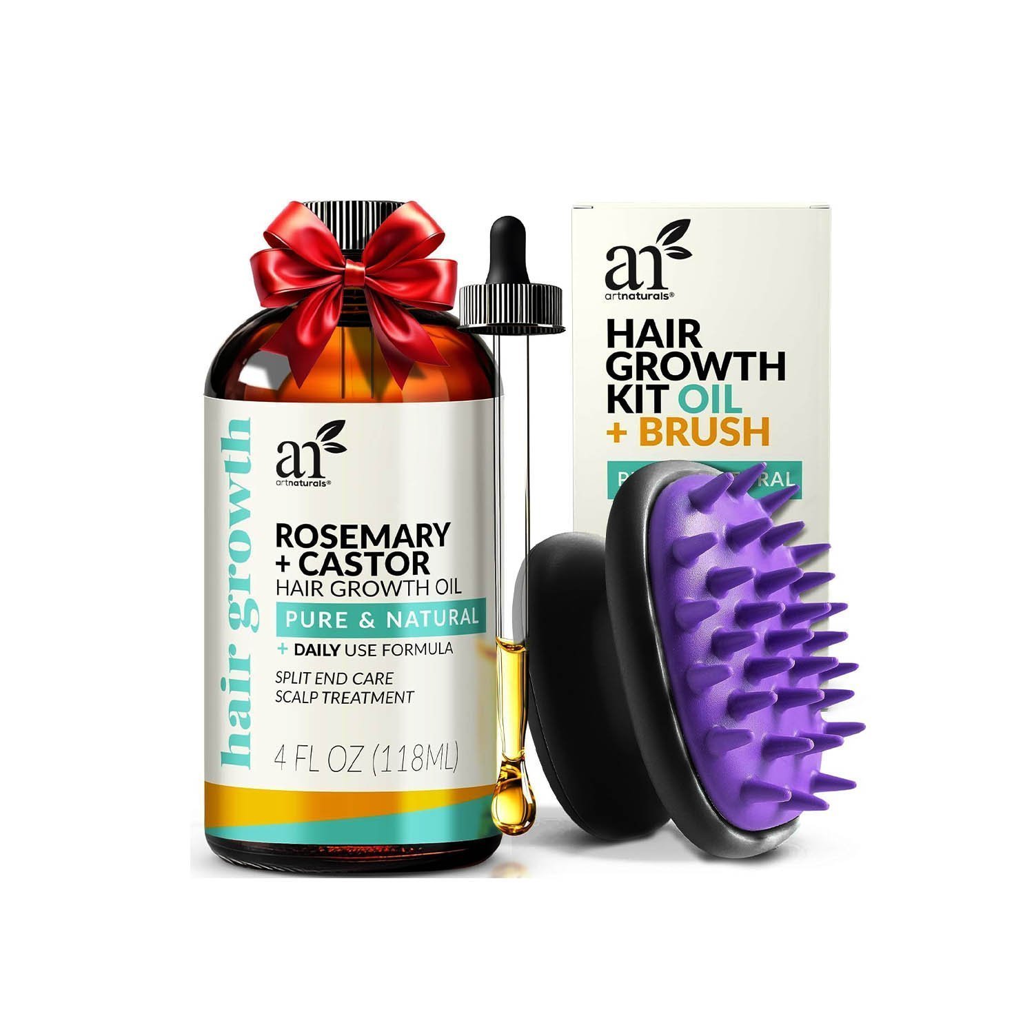 Artnaturals Organic Rosemary Castor Hair Oil + Scalp Massager Hair Growth Set Hair Growth Oil 118ml ounces