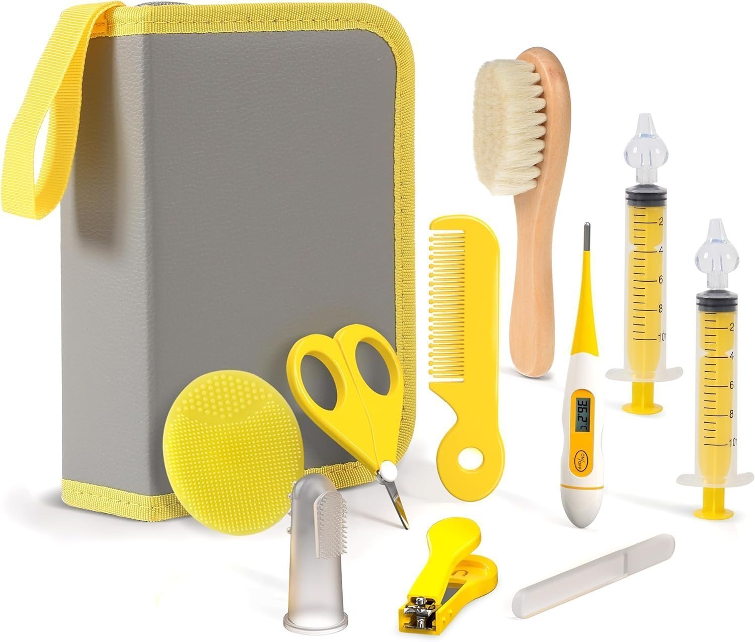 PewinGo Baby Healthcare and Grooming Kit & Newborn Baby Care Accessories, Set 10 in 1 with Soft Goat Bristles Hair Brush Nail Clipper Nasal Aspirator etc